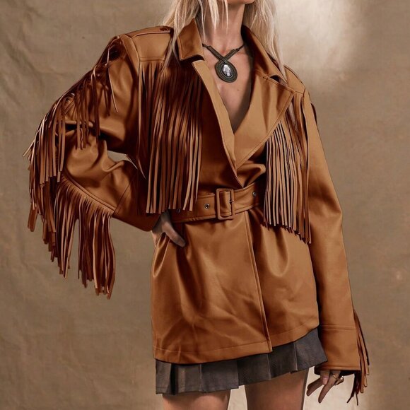 Jackets & Blazers - Brown Casual Women's Western Boho Fringe Jacket